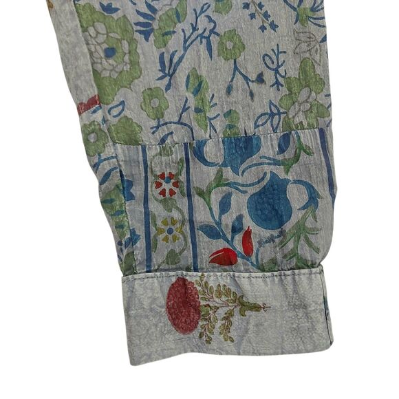 Vintage Goa Top Womens Large Gray Floral Roll Tan Sleeve Bohemian Lagenlook - Picture 7 of 12